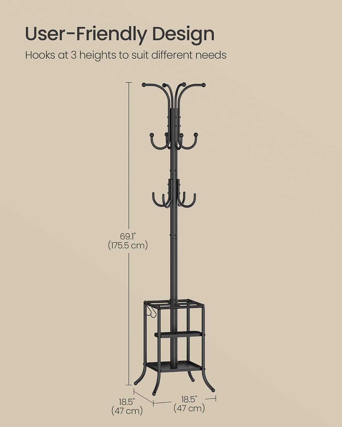Freestanding Metal Coat Rack, Umbrella Holder, 12 Hooks