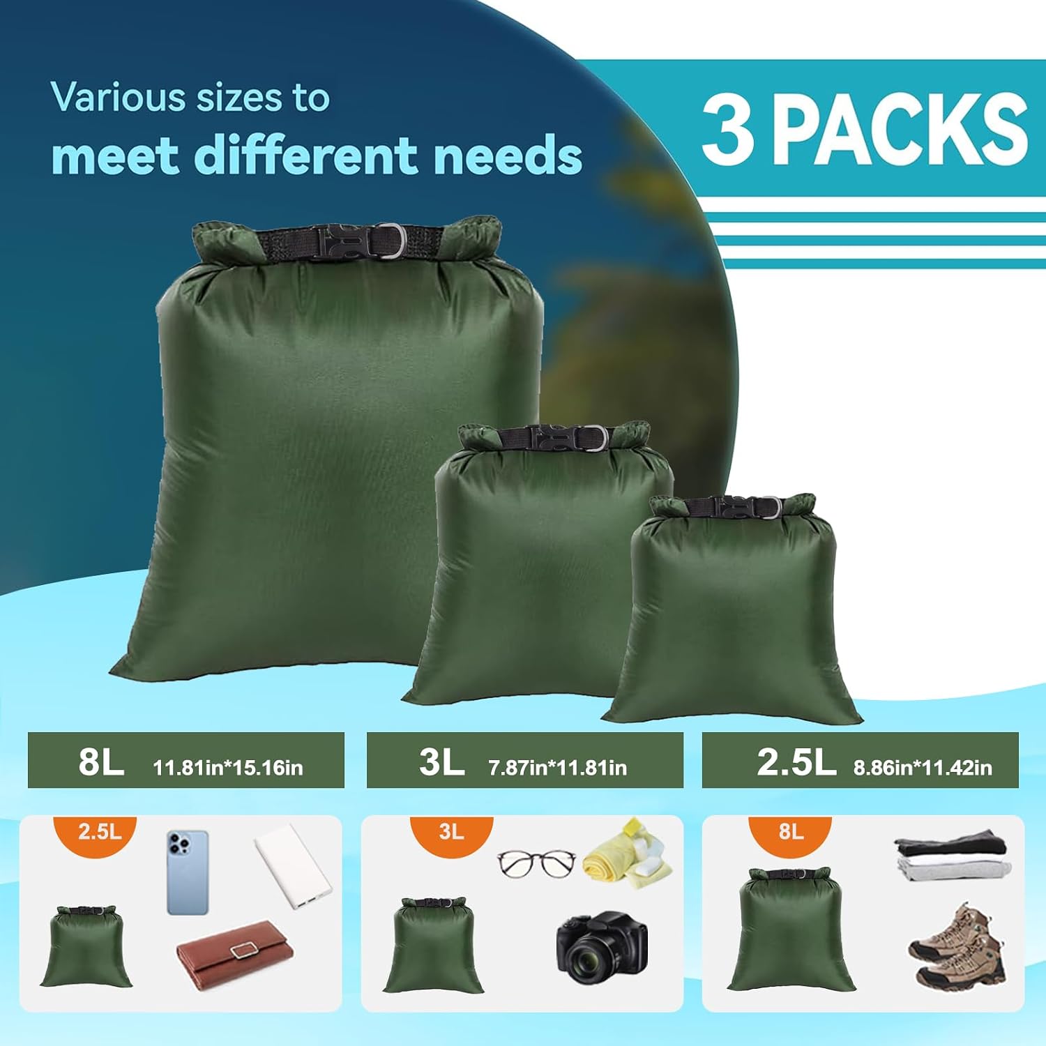 3-Piece Waterproof Dry Sack Set, 2.5–8 L - Image 2
